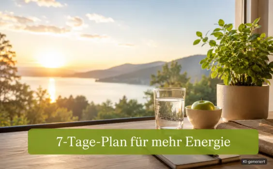 7-Tage-Plan für mehr Energie mit Wasser, Apfel und Pflanze am sonnigen Arbeitsplatz
