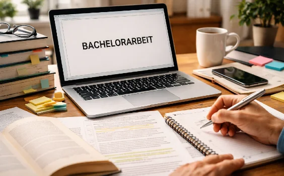 Schreibtisch mit Büchern, darauf ein Laptop mit dem Text: Bachelorarbeit