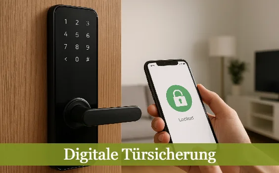 Tür mit digitaler Türsicherung. Text: Digitale Türsicherung