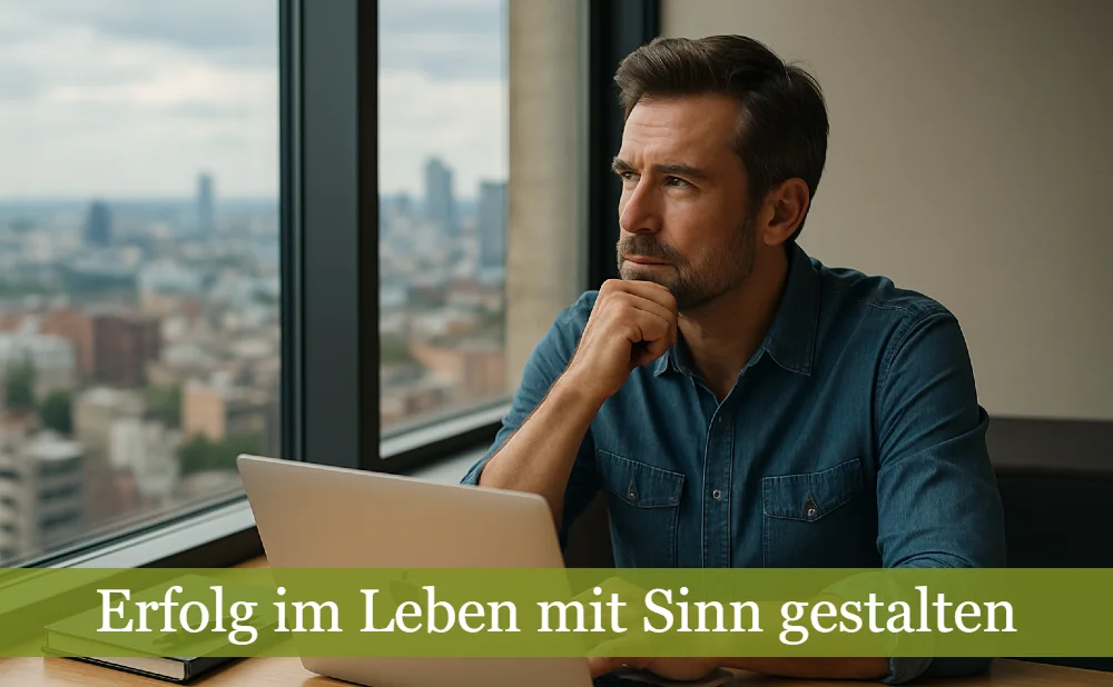 Erfolg im Leben finden - Mann schaut nachdenklich aus Fenster im Büro auf Stadtbild
