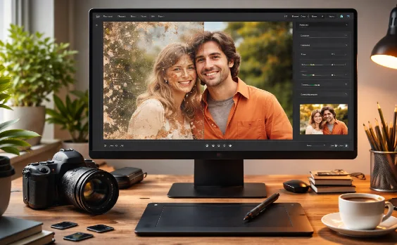 Mann und Frau auf Monitor, teilweise verpixelt