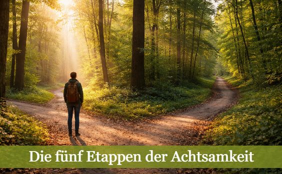 Wanderer im Wald vor Weggabelung. Text: Die fünf Etappen der Achtsamkeit