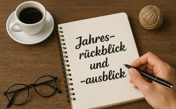 Block, Tasse, Zettel. Text: Jahresrückblick und -ausblick