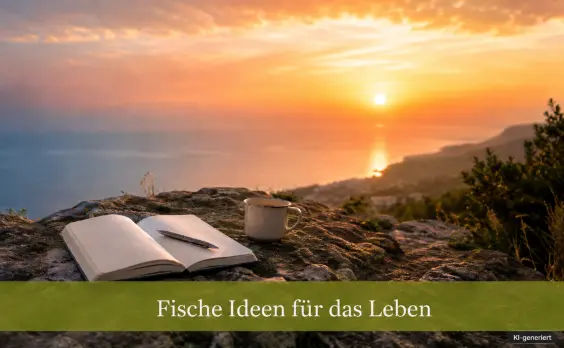Offenes Notizbuch und Tasse auf einem Felsen vor sonnigem Meereshorizont
