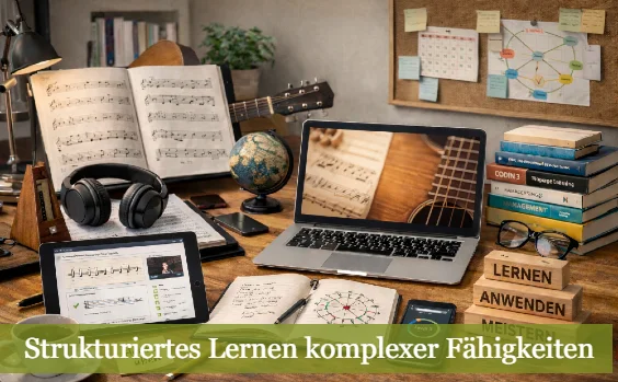 Schreibtisch mit vielen Elementen der Musik. Text: Strukturiertes Lernen komplexer Fähigkeiten