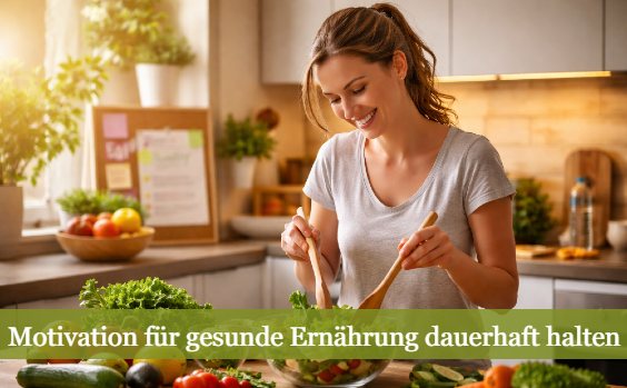 Frau bereitet einen Salat zu. Text: Motivation für gesunde Ernährung dauerhaft halten
