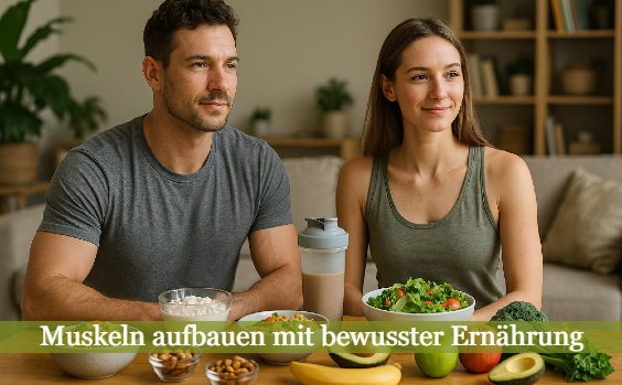 Muskeln aufbauen mit gesunder Ernährung - Mann und Frau vor Essensauswahl