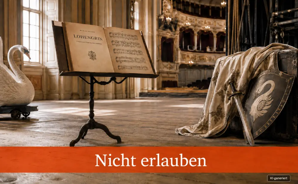 Lohengrin-Noten, Schwanenrequisite und Titel ‚Nicht erlauben‘ auf einer Theaterbühne.