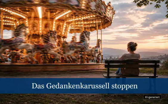 Frau sitzt auf einer Bank vor einem sich drehenden Karussell im Abendlicht.