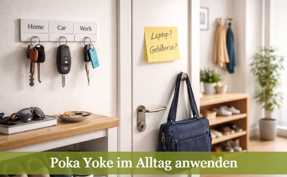 Flur mit Hinweisschildern als Beispiel für Poka Yoke. Text: Poka Yoke im Alltag anwenden 