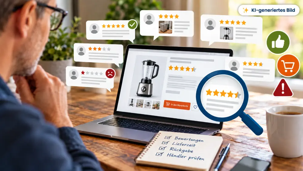 Mann recherchiert am Laptop einen Onlinekauf und vergleicht Produktbewertungen, Sterne, Lieferbedingungen und Händlerangaben