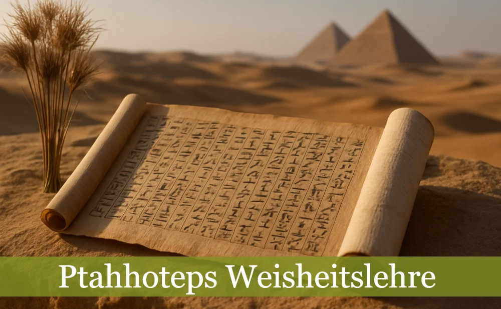 Ptahhotep Weisheitslehre Schriftrolle im Wüstensand, im Hintergrund Pyramiden