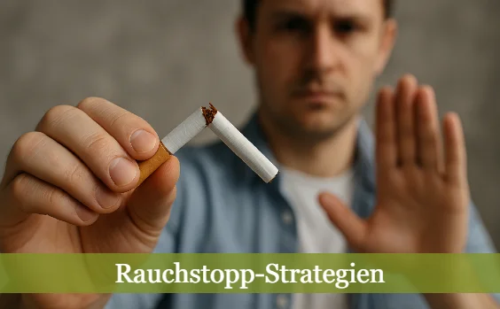 Raucher mit ablehnder Haltung, zerbrochene Zigarette. Text: Rauchstopp-Strategien