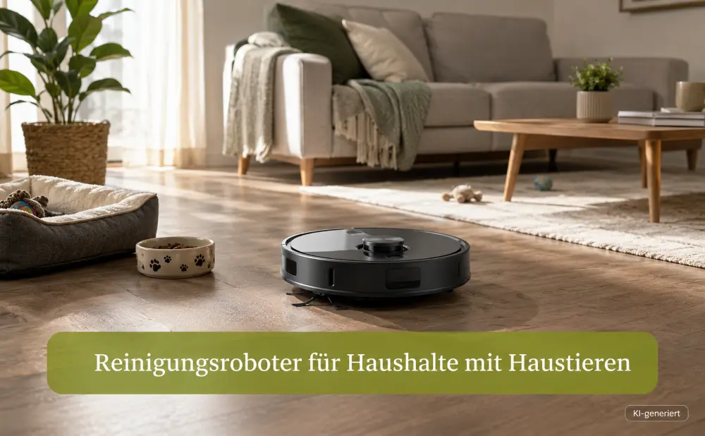 Reinigungsroboter für Haushalte mit Haustieren neben Tierbett und Futternapf in einem gemütlichen Wohnzimmer.