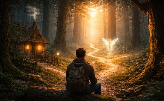 Ein Junge sitzt vor einer Hütte im Wald, auf dem Weg vor ihm eine Waldelfe