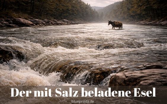 Ein Esel watet durch einen Fluss.