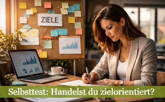 Business-Frau sitzt am Schreibtisch und arbeitet an ihren Zielen. Text: Handelst du zielorientiert? Selbsttest
