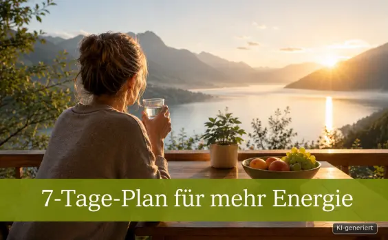 Frau mit Wasserglas blickt auf einen See und Berge im Morgenlicht.