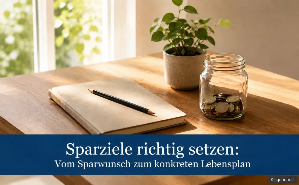 Sparglas mit Münzen, Notizbuch und Pflanze auf einem sonnigen Tisch als Symbol für konkrete Sparziele.