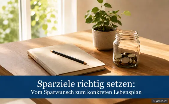 Sparglas mit Münzen, Notizbuch und Pflanze auf einem sonnigen Tisch als Symbol für konkrete Sparziele.