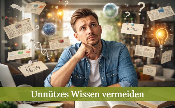 Junger Mann vor Symbolen des Wissens mit fragendem Gesichtsausdruck. Text: Unnützes Wissen vermeiden