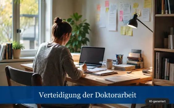 Vorbereitung auf die Verteidigung der Doktorarbeit am Schreibtisch mit Laptop und Unterlagen.