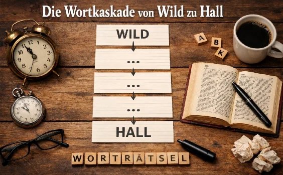 Die Wortkaskade Wild zu Hall auf einem Schreibtischdargestellt.