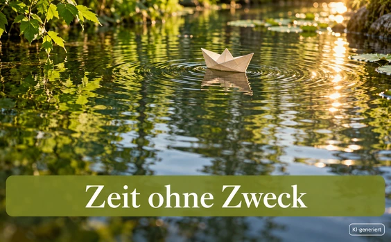 Ein Papierboot treibt auf einem ruhigen Gartenteich