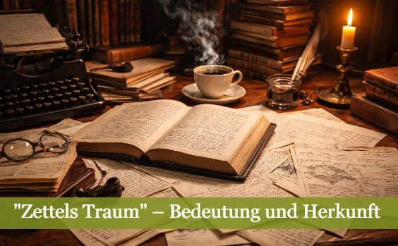 Ein Schreibtisch voller Zettel. Text: "Zettels Traum": Bedeutung und Herkunft