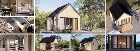 Modernes Gartenhaus aus Holz mit großen Fensterflächen und Terrasse